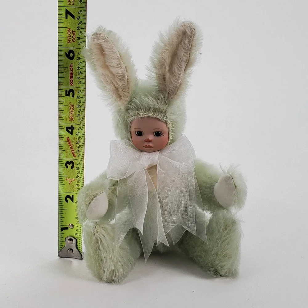 Marie Osmond Porcelain Bunny Doll Mint Green Mohair‎ Knickerbocker 7 inch Seated